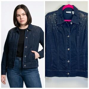 Chico's L/2 Dark Blue Denim Jean Jacket Rhinestones Pockets Glam Rodeo Cowgirl